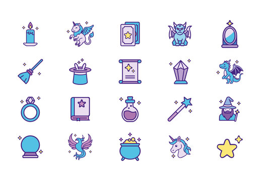 Purple and Blue Fantasy Wizard Enchantment Icons Set