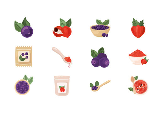 Violet and Red Acai Guarana Superfood Healthy Illustration Set