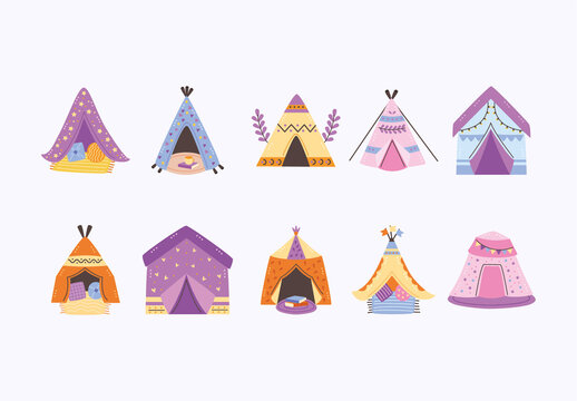 Violet and Yellow Teepee Tent Camping Adventure Illustration Set