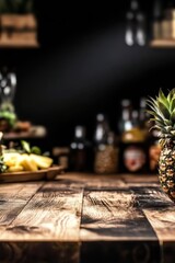 Fototapeta premium Fresh pineapple on rustic wooden table in cozy kitchen setting