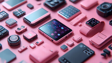 Futuristic Cyberpunk Isometric 3D Illustration of Floating Digital Devices on Pastel Gradient Background with Neon Accents