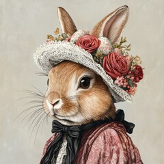 Victorian Style Rabbit Wearing Easter Hat with Floral Accents