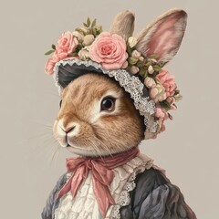 Victorian Style Rabbit Wearing Easter Bo with Floral Headpiece