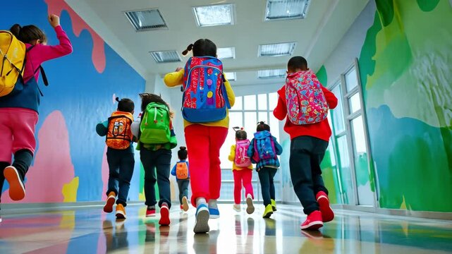 Children wearing colorful backpacks run enthusiastically down a bright hallway in a school setting