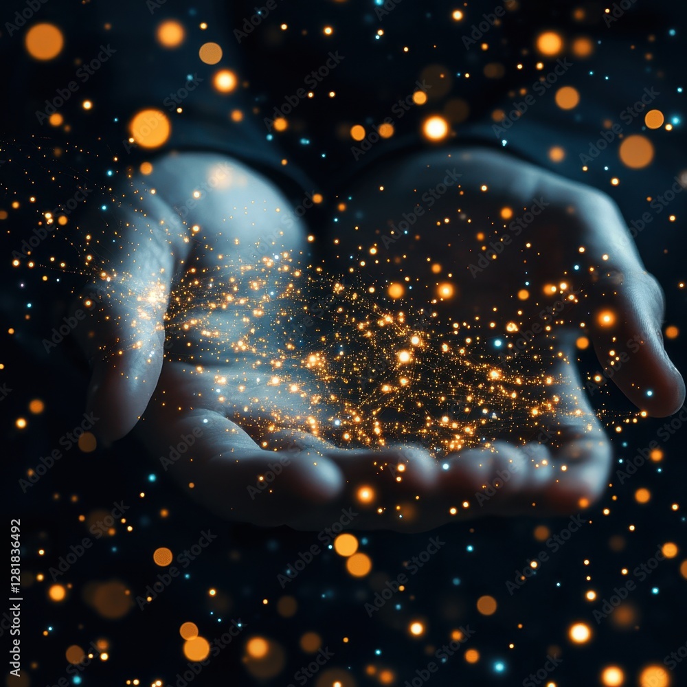 Aufkleber hands holding glowing particles in dark space creating magical atmosphere and connection with univer