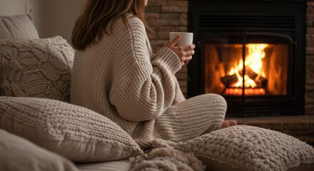A woman is sitting in front of a fireplace, holding a cup of coffee. Concept of warmth and relaxation, as the woman enjoys her hot beverage in front of the cozy fire