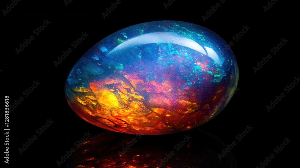 Poster iridescent opal gemstone sphere with captivating play of color on a dark reflective surface studio s