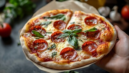 Pepperoni pizza, hand, kitchen, food, delicious