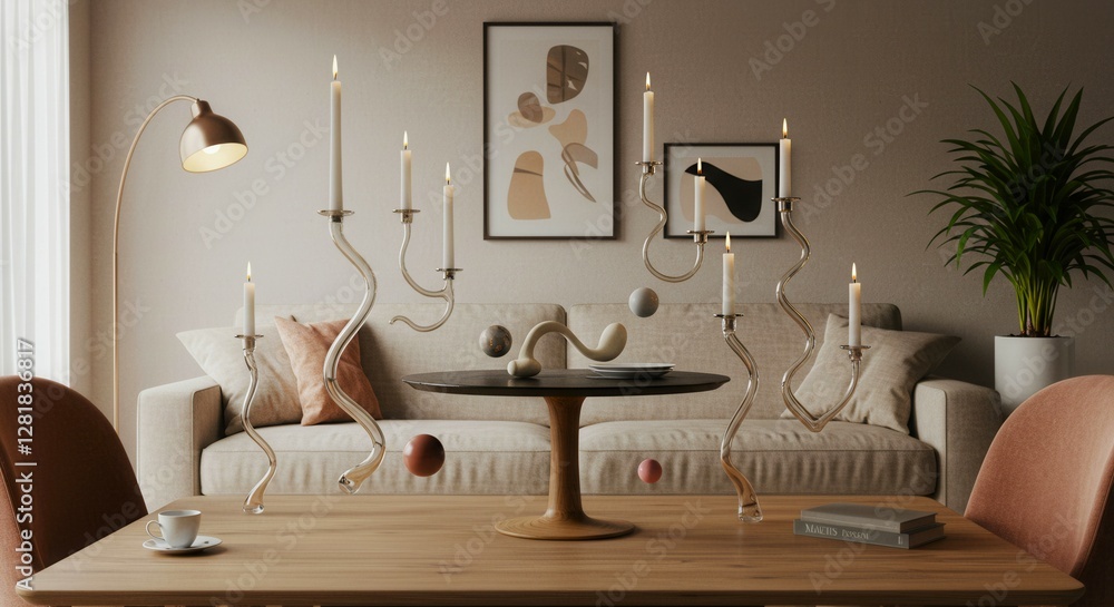Poster a table with a variety of candles in different shapes and sizes. the candles are lit and arranged in