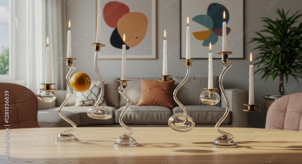 Poster a table with a variety of candles in different shapes and sizes. the candles are lit and arranged in
