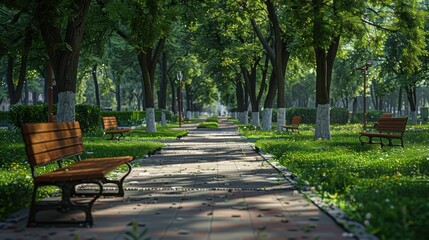 Fototapeta premium Serene Park Pathway Surrounded by Lush Green Trees and Benches