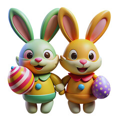 Adorable 3D Render of Two Easter Bunnies Holding Colorful Easter Eggs