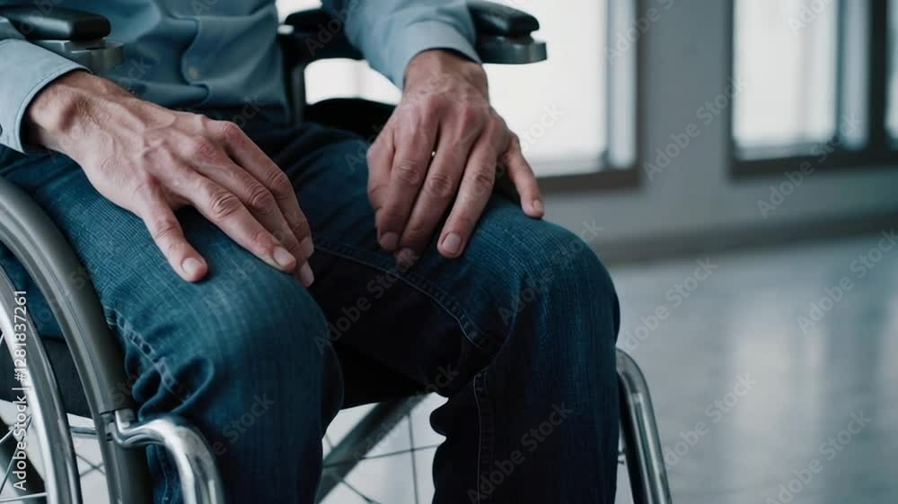 Poster office worker sitting in a wheelchair resting his hands on his legs, captured in a slow motion seque
