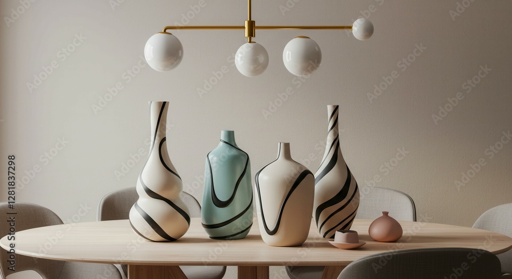 Poster a table with four vases of different colors and designs. the vases are placed in a row, with one in 
