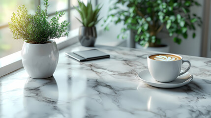 Minimalist Scandinavian Workspace Flat Lay with Laptop, Notebook, Coffee Cup, and Succulent Plant on Marble Table in Soft Neutral Tones