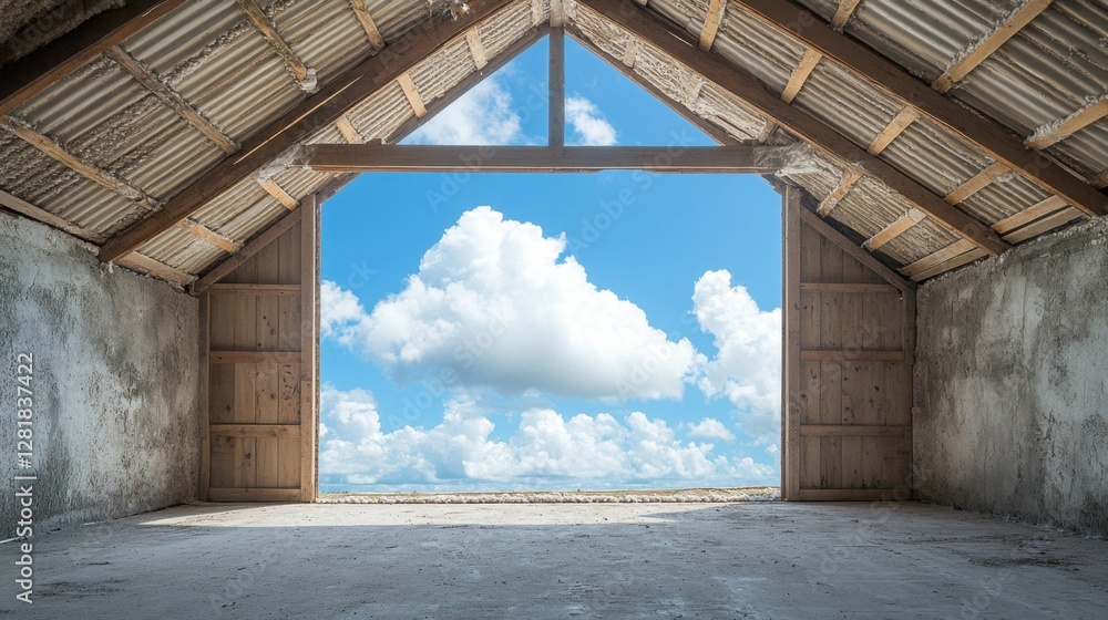 Poster rustic barn interior framing a serene sky with fluffy clouds creating a tranquil and inspiring scene
