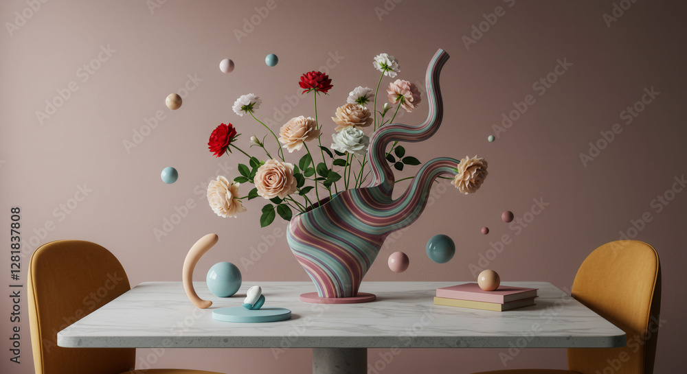 Poster a vase with flowers is on a table with a yellow chair. the flowers are in a spiral shape and are sur