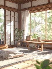 Fototapeta premium A traditional Japanese style room with a lot of light
