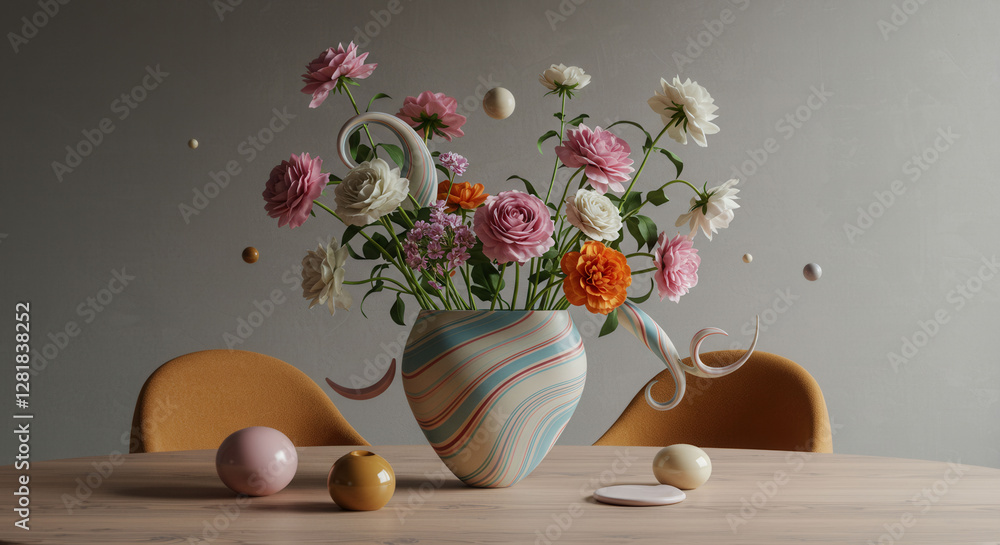 Poster a vase with flowers is on a table with a yellow chair. the flowers are in a spiral shape and are sur
