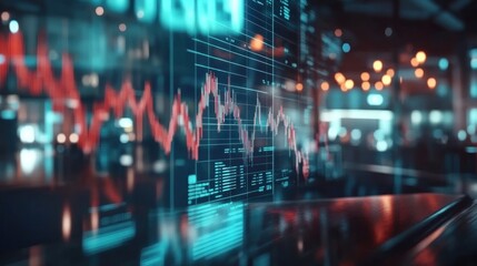 Fototapeta premium forex and investment concept. Virtual financial graph on blurry modern office building background,