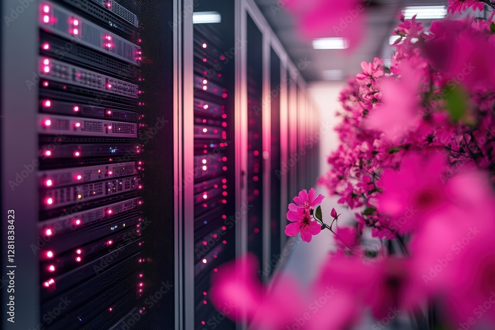 Aufkleber data center serenity pink blossoms blooming beside rows of servers creating a harmonious contrast be