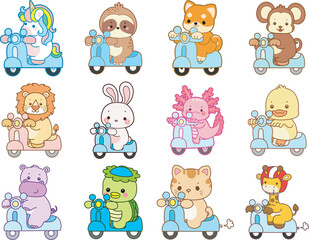 Set Vector Stock Illustrations Isolated of Baby Animals.
Cute animals with various activities.
Funny sticker of animal kids.