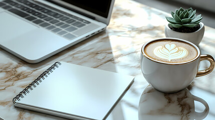 Minimalist Scandinavian Workspace Flat Lay with Laptop, Notebook, Coffee Cup, and Succulent Plant on Marble Table in Soft Neutral Tones