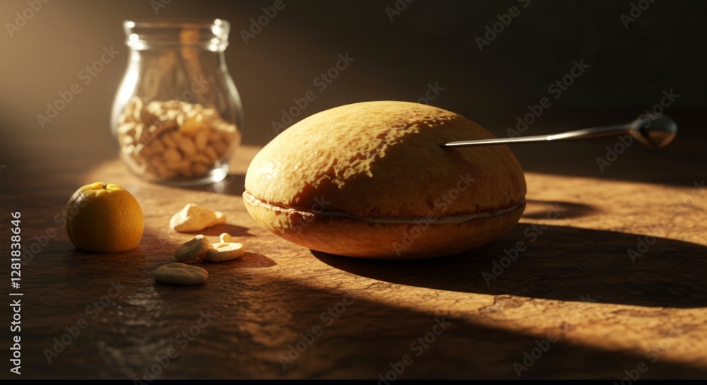 Poster a slice of bread with a knife sticking out of it sits on a table next to a jar of nuts and a slice o