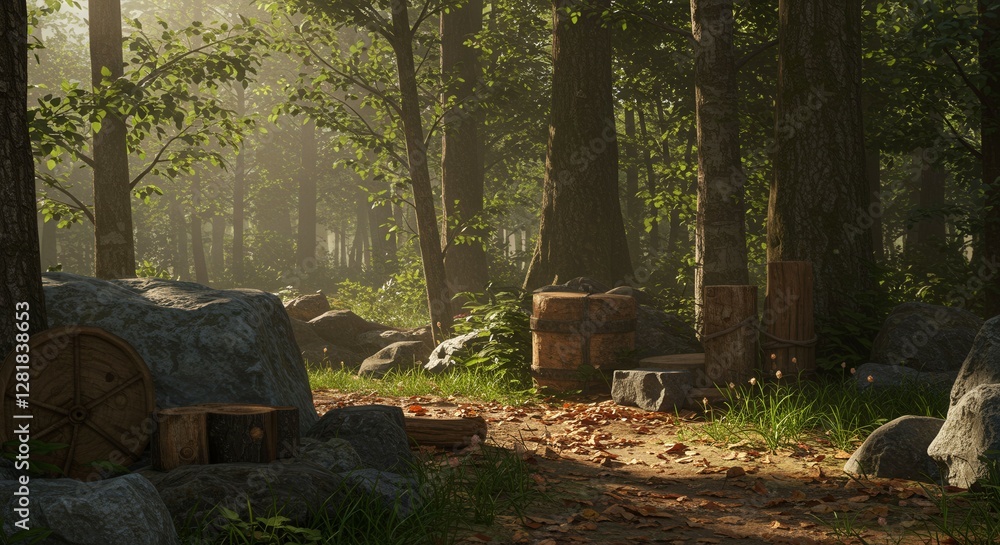 Poster a serene forest scene with a rock and a pile of wood. the sunlight is shining through the trees, cre