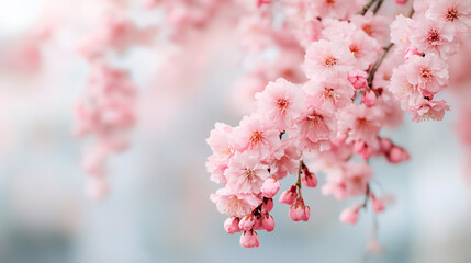 Exquisite macro shot of delicate cherry blossoms in full bloom on a light background