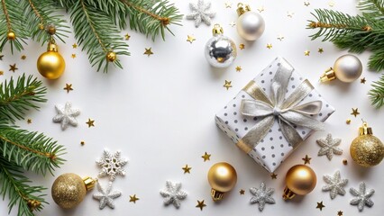 Christmas Flatlay Gold and Silver Ornaments, Gift, Pine Branches, White Background, Festive Decor Christmas, Holiday