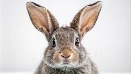 Obraz premium Close-Up Grey Rabbit Portrait Long Ears, Soft Fur, White Background, Animal Photography Rabbit, Pet, Bunny