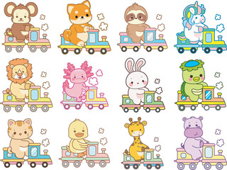 Obraz premium Set Vector Stock Illustrations Isolated of Baby Animals. Cute animals with various activities. Funny sticker of animal kids.