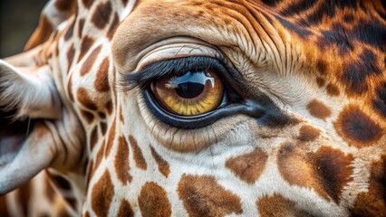 Naklejka premium Giraffe Eye Close-up Detailed Texture, Golden Iris, Wild Animal Concept, photography Giraffe, wildlife photography