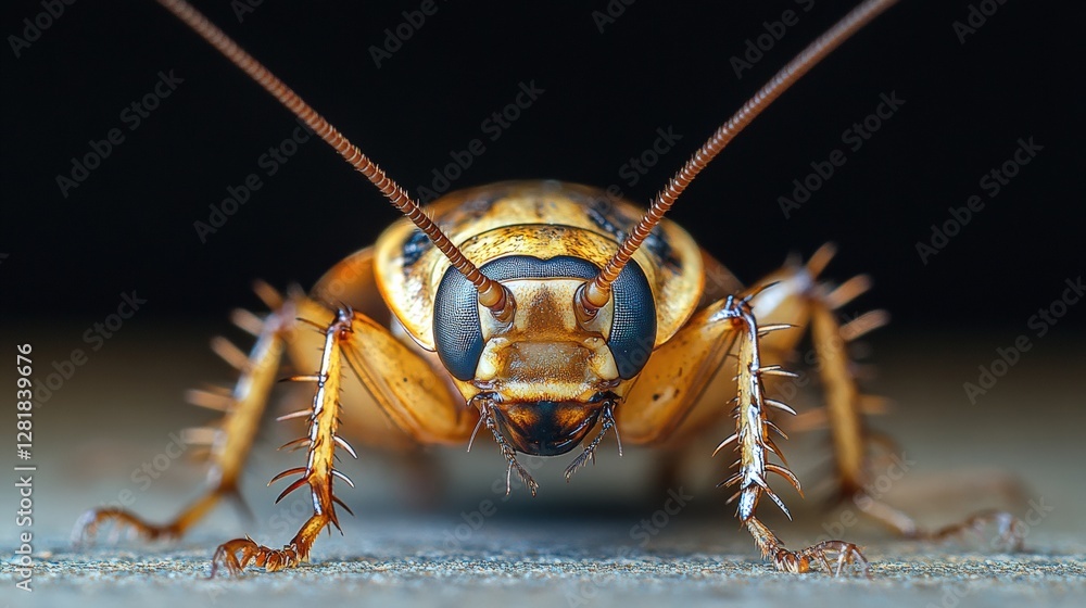Aufkleber close-up view of a cockroach showcasing intricate details and textures, set against a dark backgroun