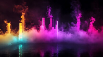 Neon Lights Reflecting In Smoky Water