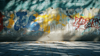 Urban graffiti art on concrete wall with sunlit shadows and textured surface