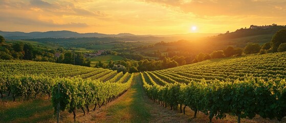 Naklejka premium Serene vineyard landscape at sunset with golden light illuminating rolling hills and lush green vines creating a tranquil and picturesque rural scene