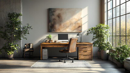 Photorealistic Modern Home Office Interior with Wooden Desk, Vintage Lamp, and Abstract Wall Art in Cozy Daylight Ambiance