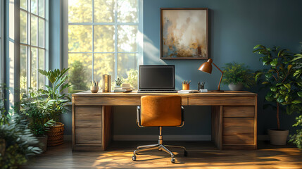 Photorealistic Modern Home Office Interior with Wooden Desk, Vintage Lamp, and Abstract Wall Art in Cozy Daylight Ambiance
