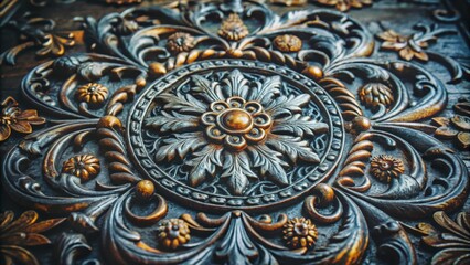 Ornate Dark Bronze and Silver Floral Relief Carving, Intricate Design, Close-up Macro, Rococo, Baroque Rococo, Baroque