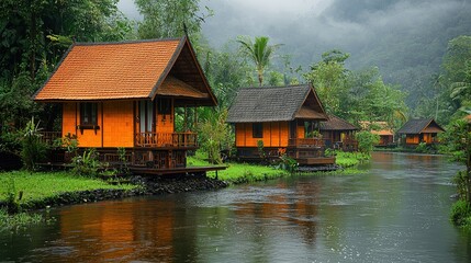Obraz premium Orange wooden cabins are situated near a flowing river