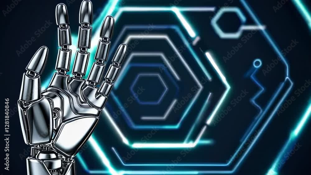 Poster metallic robotic hand gradually moving fingers across glowing blue hexagonal digital landscape, high