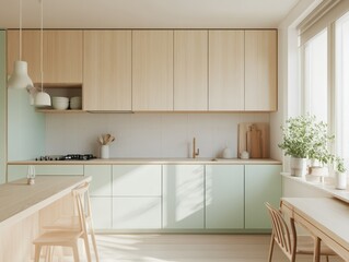 Modern light green kitchen with wood finish wood elements