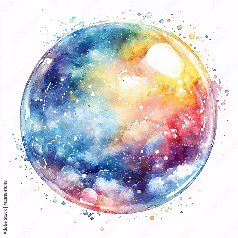 Poster colorful abstract bubble with galaxy pattern and sparkling elements.