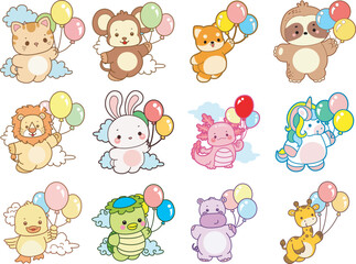 Obraz premium Set Vector Stock Illustrations Isolated of Baby Animals. Cute animals with various activities. Funny sticker of animal kids.