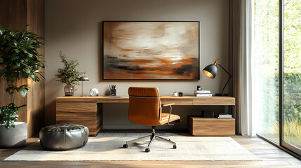 Photorealistic Modern Home Office Interior with Wooden Desk, Vintage Lamp, and Abstract Wall Art in Cozy Daylight Ambiance