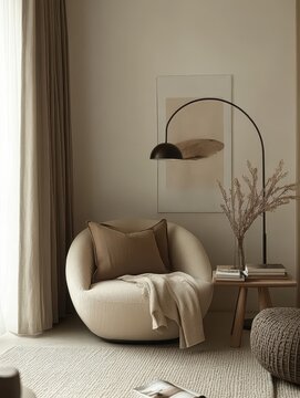 Comfortable living space features a modern chair in a room setting