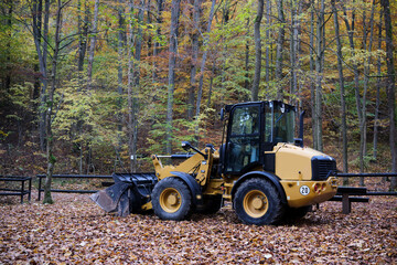A Compact Loader in a Beautiful Autumn Forest Landscape Perfect for Construction Work