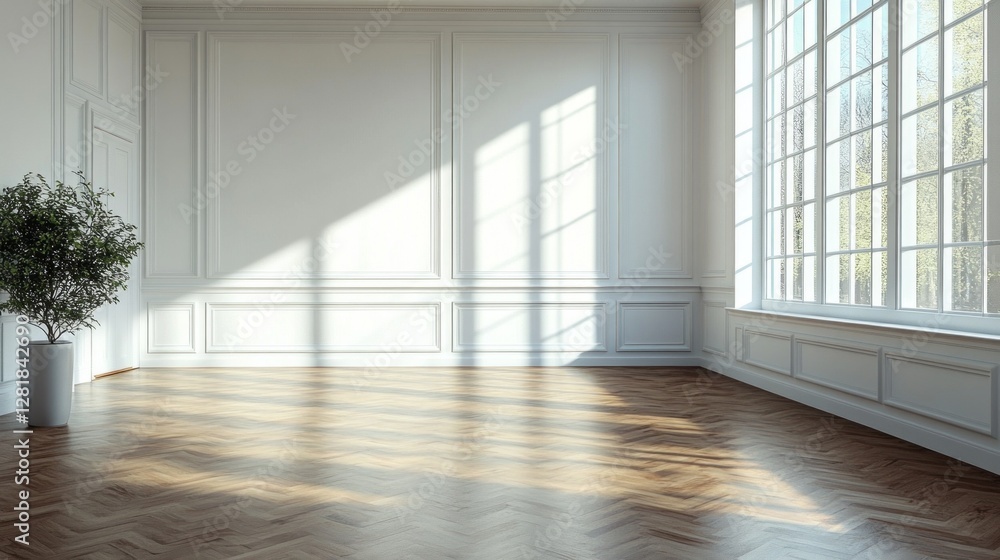 Poster sunlight streams through large windows, casting shadows on the polished wooden floor. a lone plant s